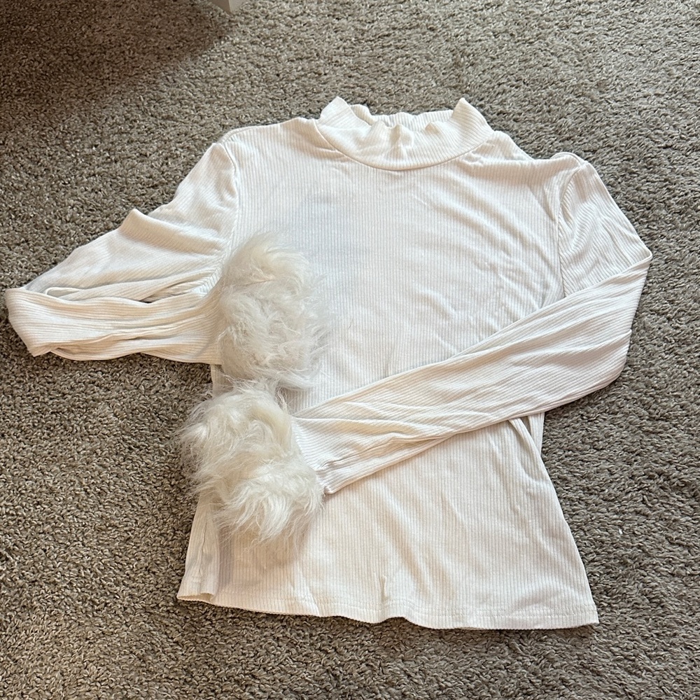White Long Sleeve Top with Faux Fur Accents